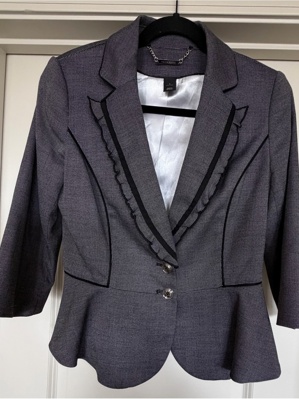 White House Black Market Gray Peplum Blazer with Ruffle Trim